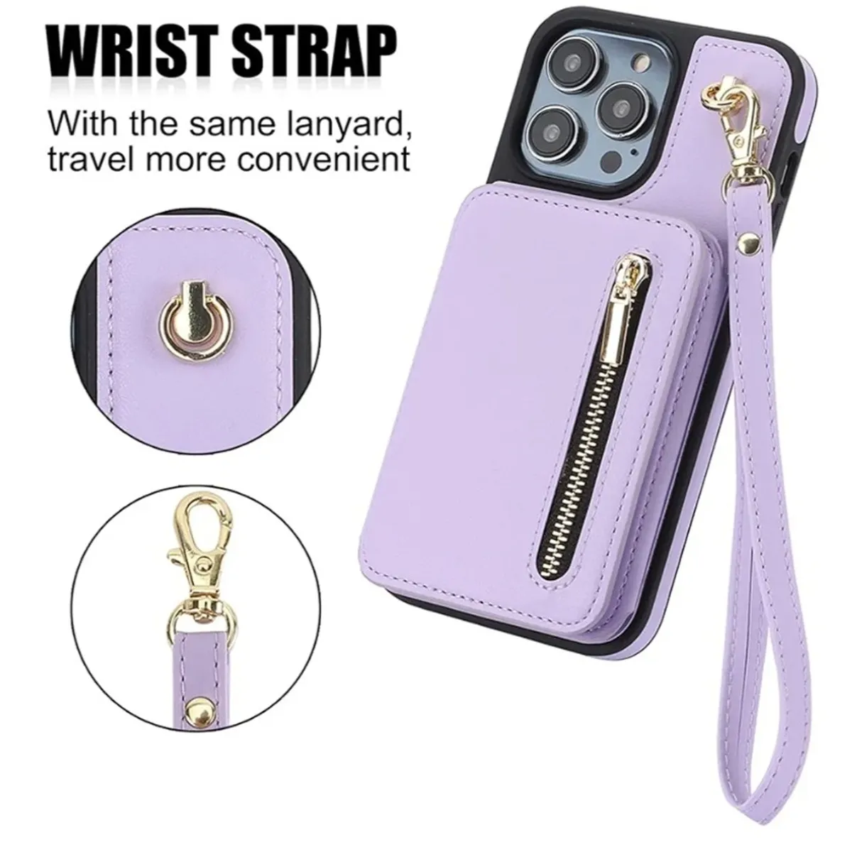 Wallet Case, Crossbody Phone Case with Zipper Card Holder, Leather Cover, Purple - IPhone 14 Plus