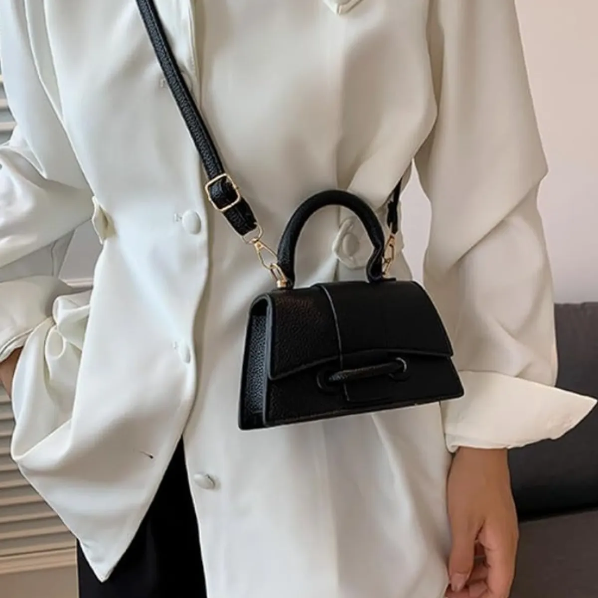 Mini Shoulder Bag Cute Top Handle Bag Solid Crossbody Bag With Adjustable Strap for Women, Black