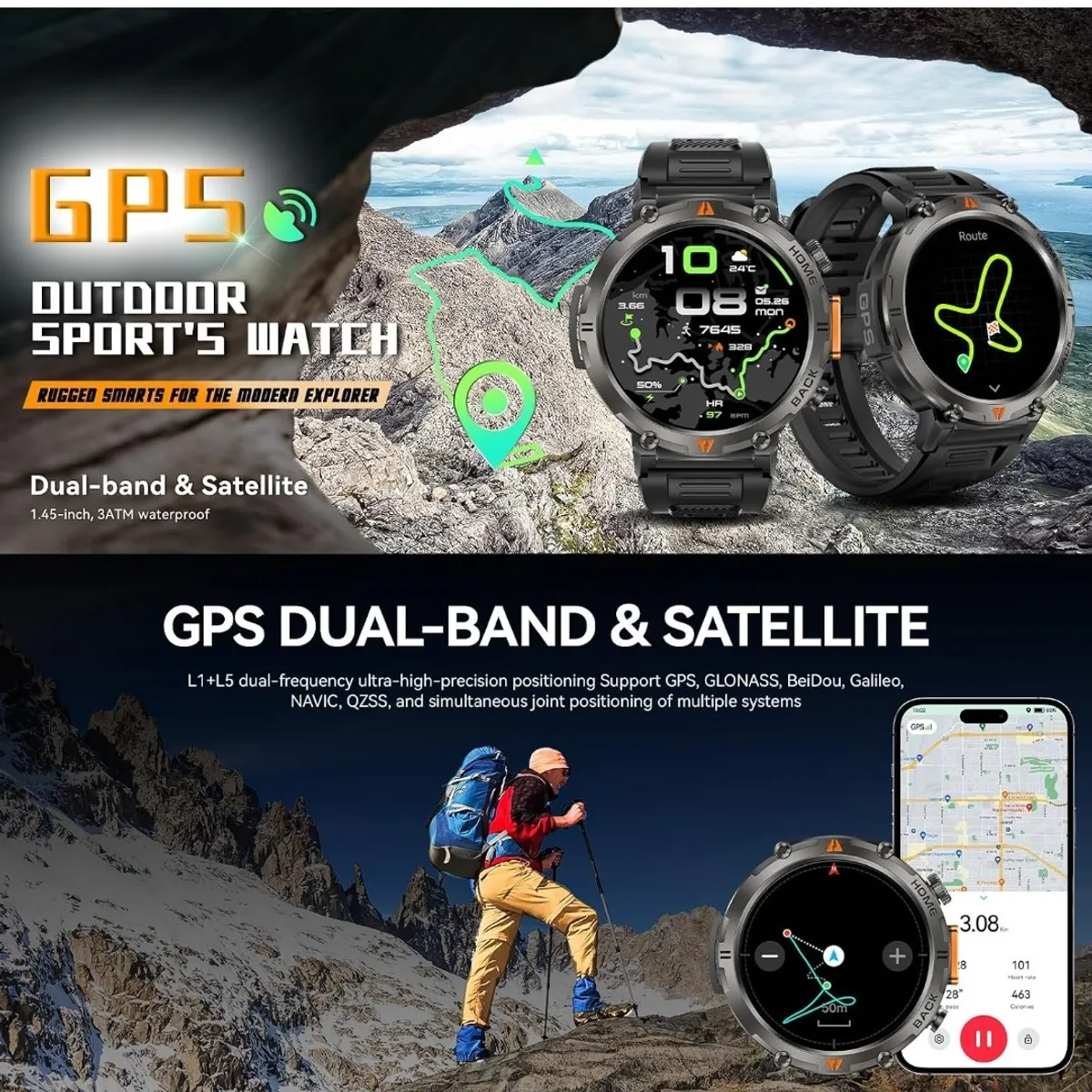 Military Smart Watches for Men Built-in GPS LED Flashlight Smartwatch