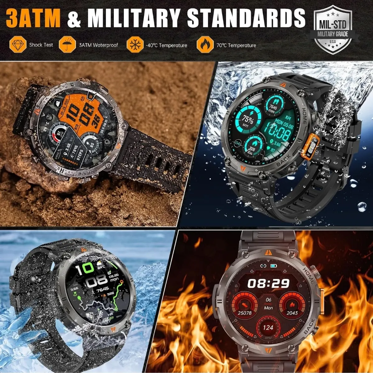 Military Smart Watches for Men Built-in GPS LED Flashlight Smartwatch
