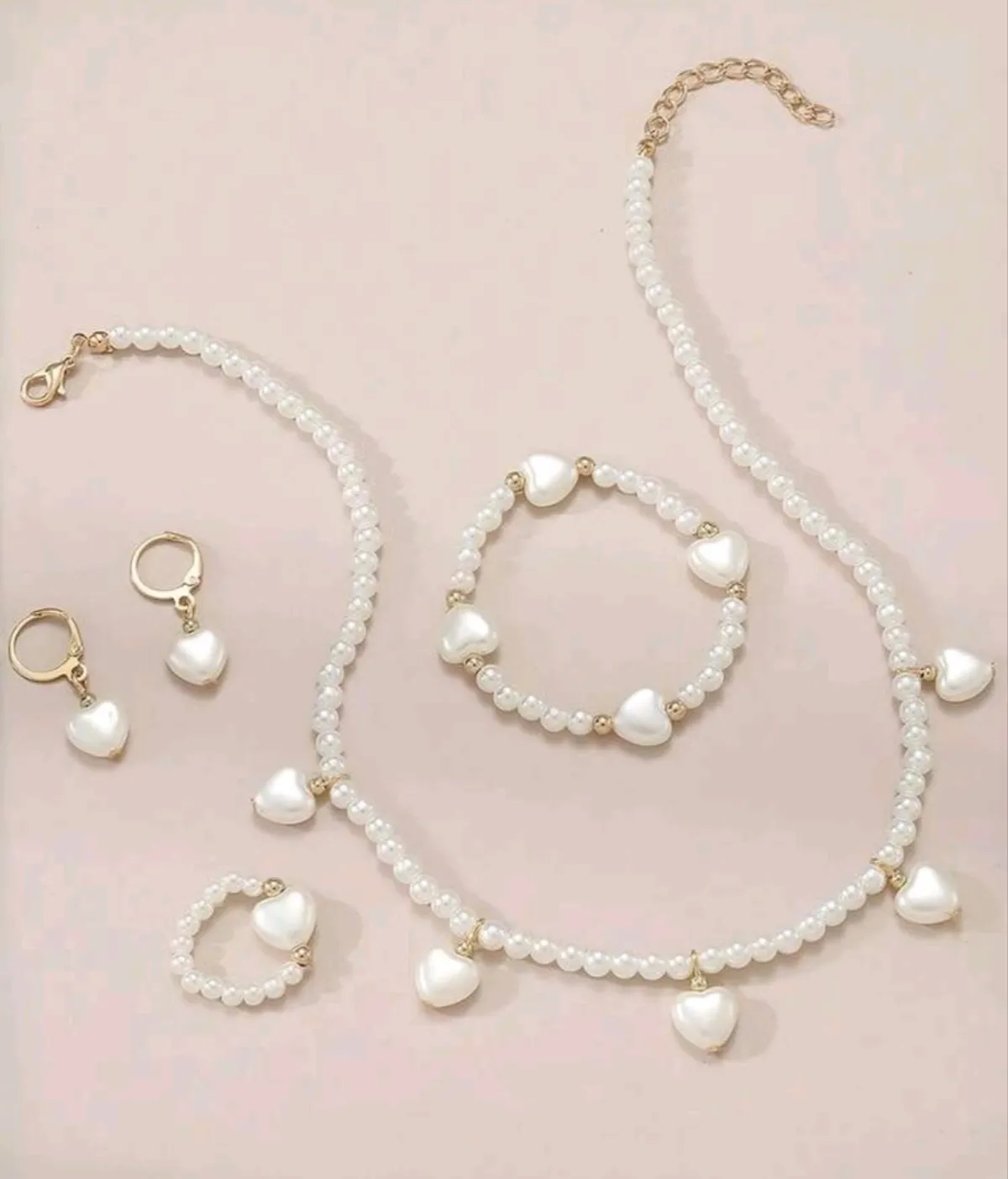 Heart Shaped Pendant & Pearl Jewelry Set For Children, Including Necklace, Bracelet, Ring And Earrings
