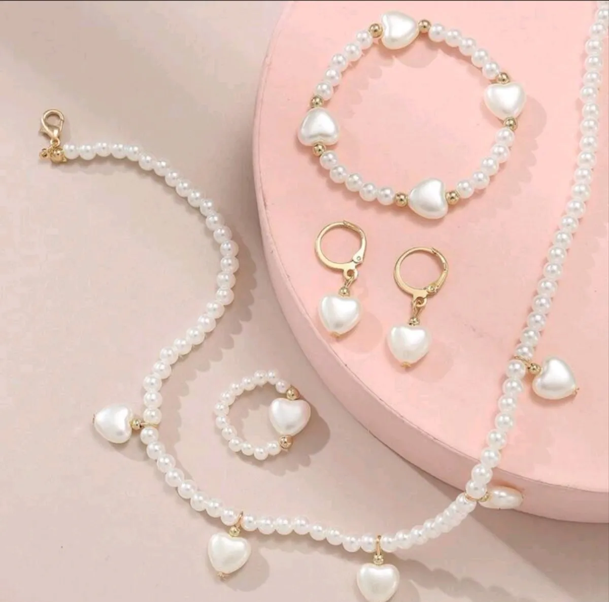 Heart Shaped Pendant & Pearl Jewelry Set For Children, Including Necklace, Bracelet, Ring And Earrings