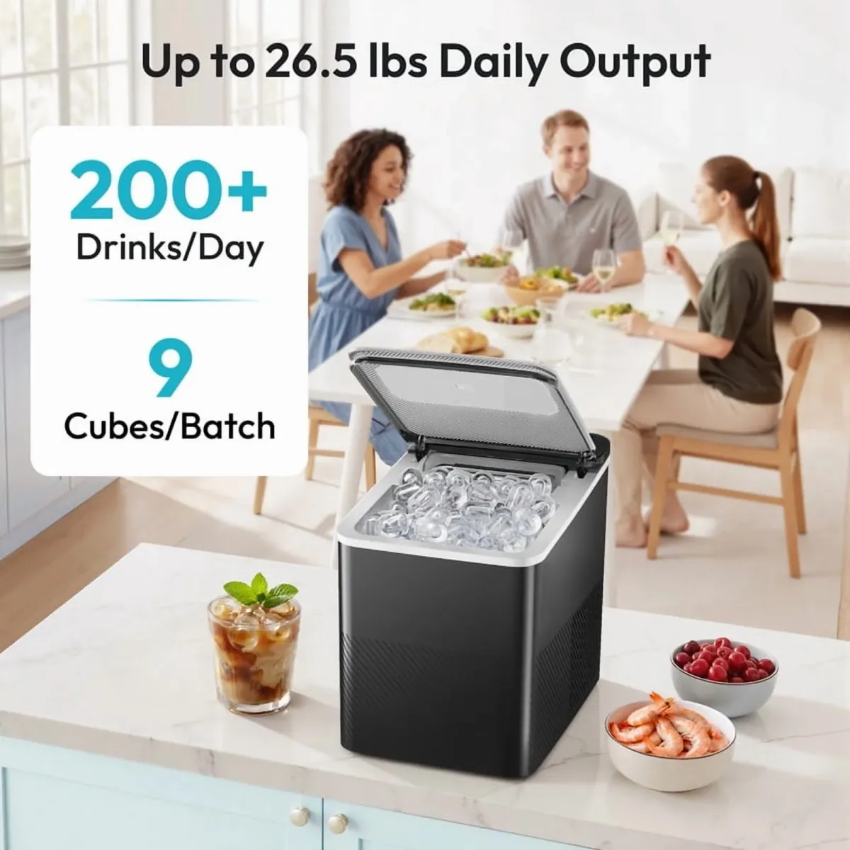 EUHOMY Ice Maker Countertop, 9 Cubes Ready in 6 Mins, 26lbs/24H, Self-Cleaning, Portable Ice Maker Machine with Carry Handle, Basket and Scoop, 2 Size