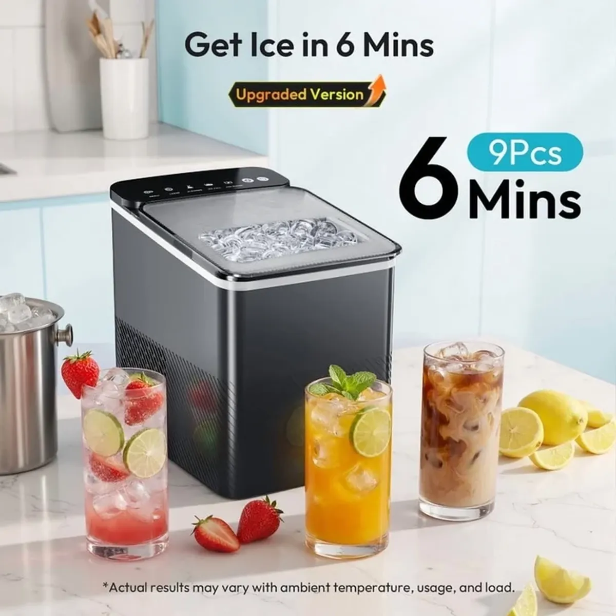 EUHOMY Ice Maker Countertop, 9 Cubes Ready in 6 Mins, 26lbs/24H, Self-Cleaning, Portable Ice Maker Machine with Carry Handle, Basket and Scoop, 2 Size