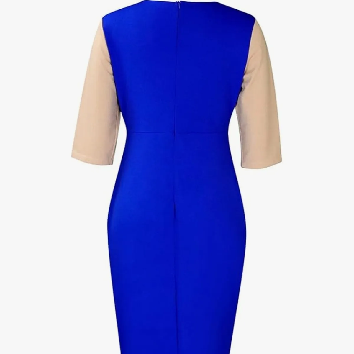 Women Crew Neck ,3/4 Sleeve  Royal Blue Colorblock Midi Bodycon Pencil Dresses-Size L