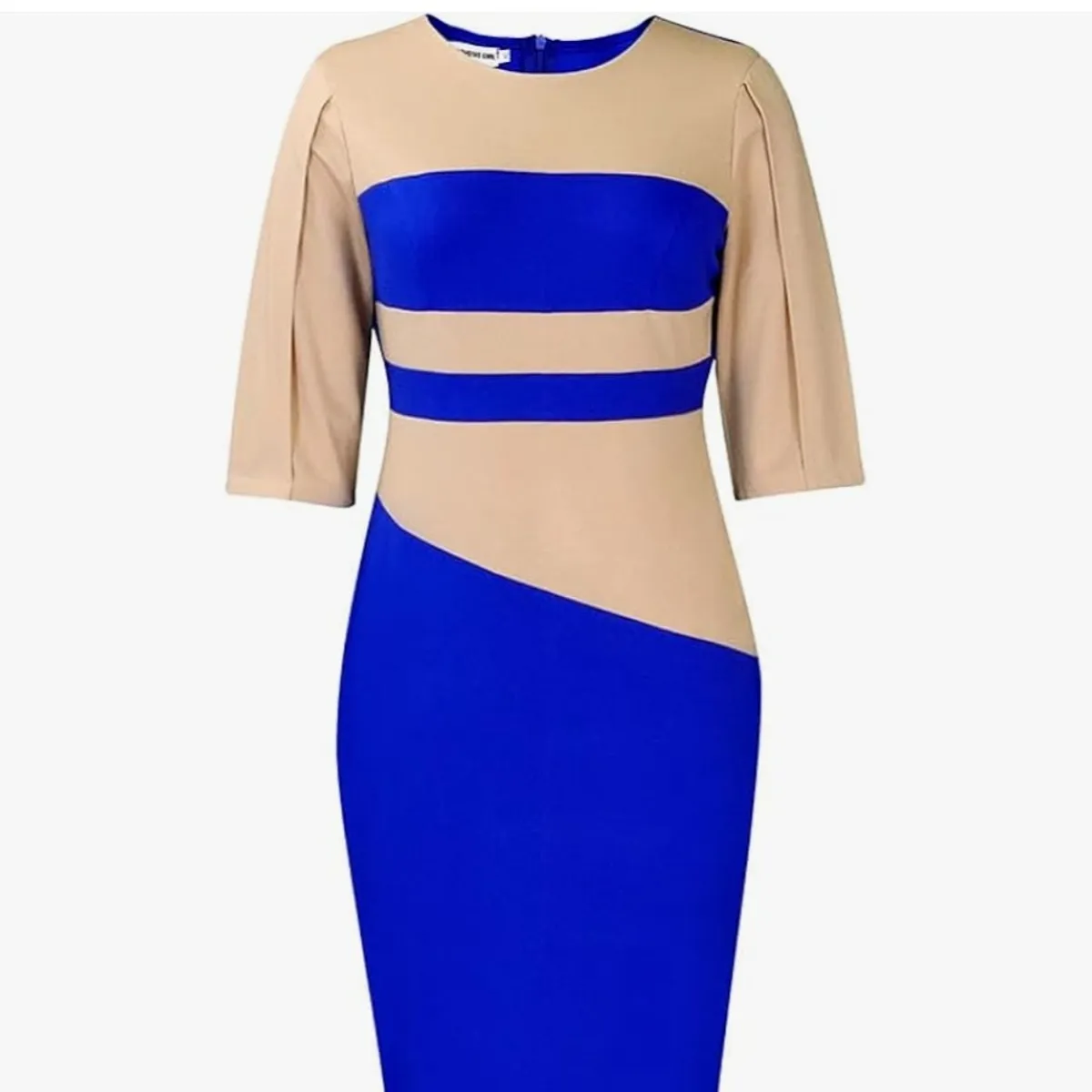 Women Crew Neck ,3/4 Sleeve  Royal Blue Colorblock Midi Bodycon Pencil Dresses-Size L