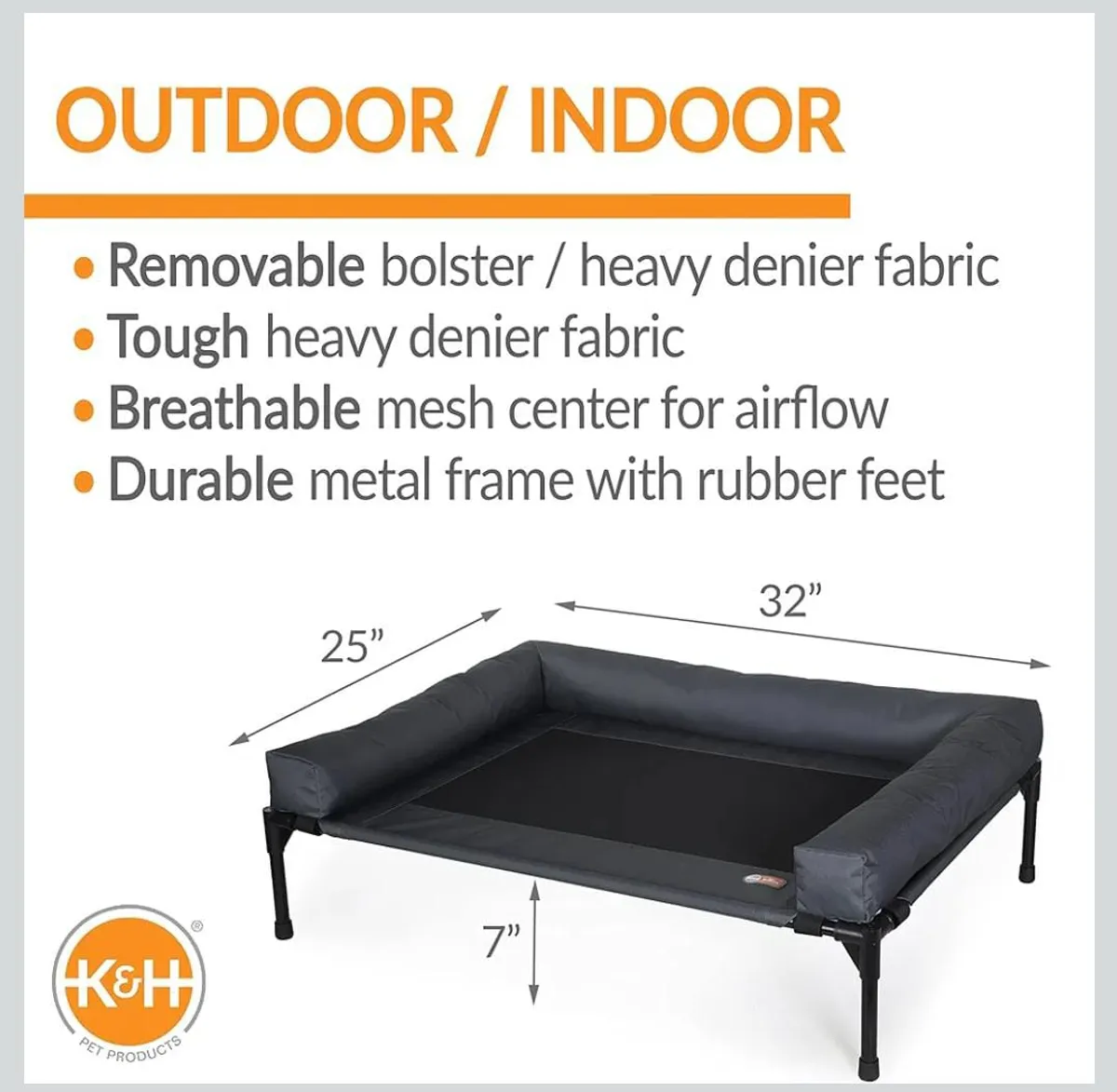 K&H Pet Products Bolster Dog Cot, Cooling Indoor Outdoor Elevated Cot Hammock Dog Bed.