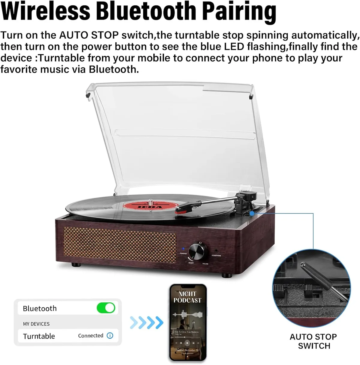 Cotsoco Bluetooth Belt Drive Turntable with Headphone  Bronze
