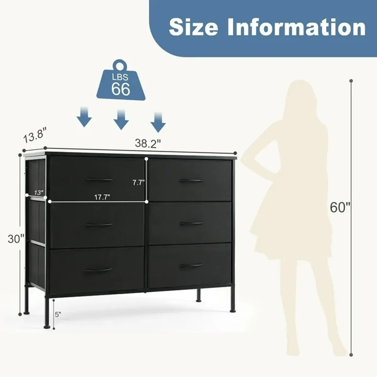 Chest of Dresser with 6 Fabric Drawers, Chest Organizer with Fabric Bins, Black