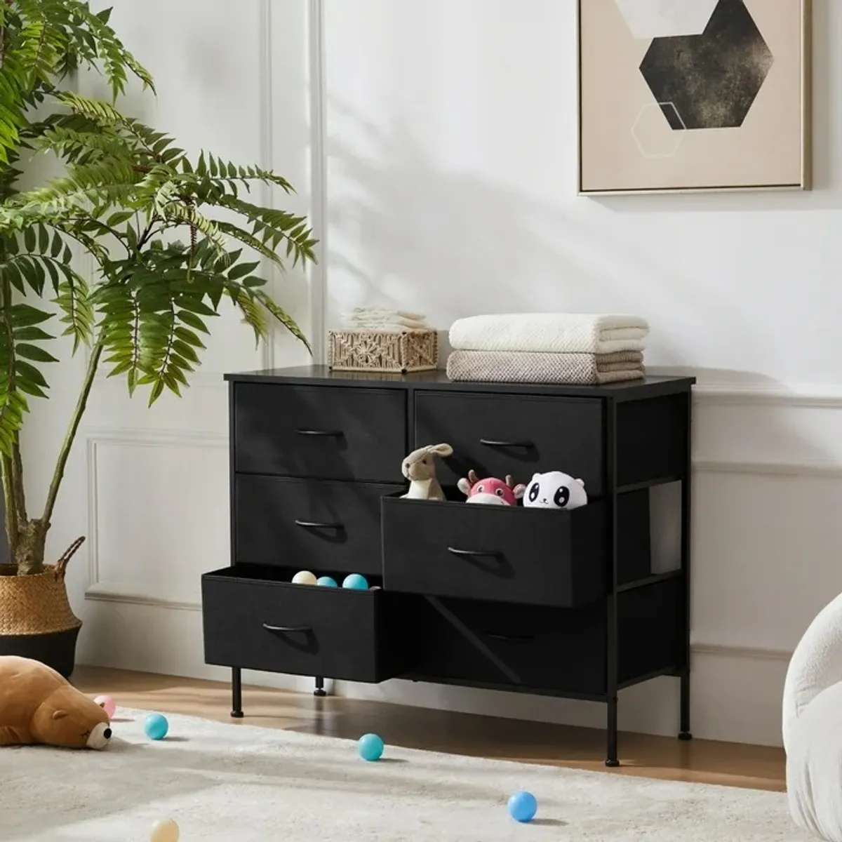 Chest of Dresser with 6 Fabric Drawers, Chest Organizer with Fabric Bins, Black