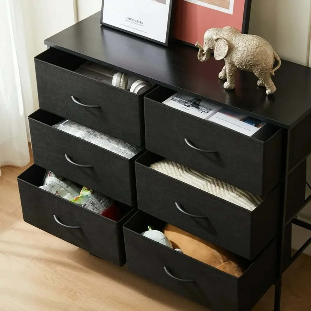 Chest of Dresser with 6 Fabric Drawers, Chest Organizer with Fabric Bins, Black