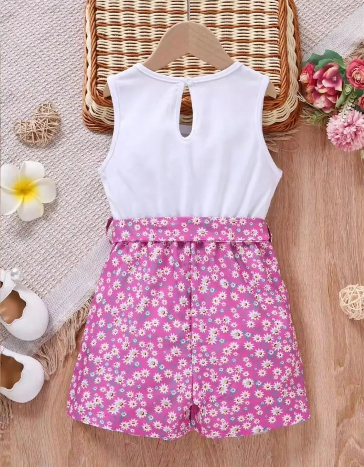 Young Girl Ditsy Floral & Heart Print Belted Romper- Size 6Y