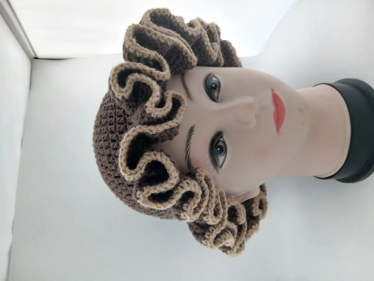 Crochet brown with beige trim Frill Hat