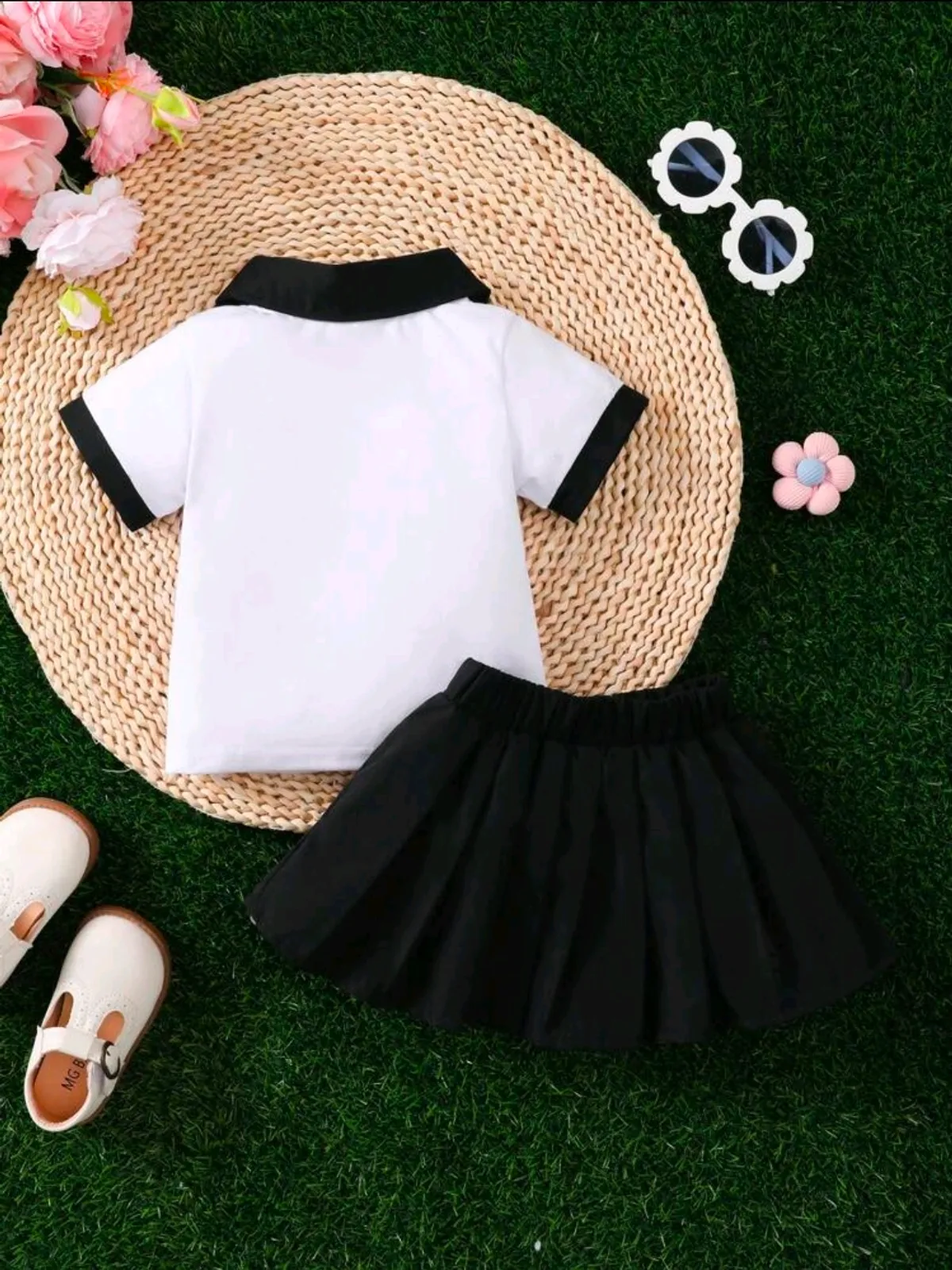 2pcs Baby Girls' Summer Collegiate Style Letter Print Collar Shirt & Pleated Skirt Set, Outdoor Outfit - Size 9-12M
