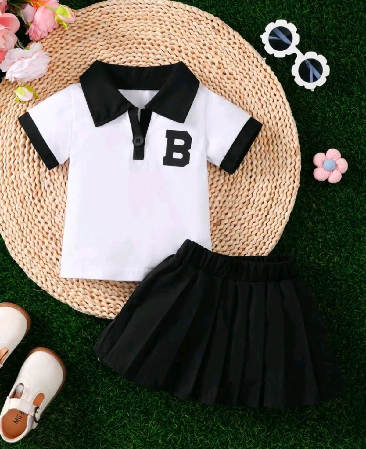 2pcs Baby Girls' Summer Collegiate Style Letter Print Collar Shirt & Pleated Skirt Set, Outdoor Outfit - Size 9-12M