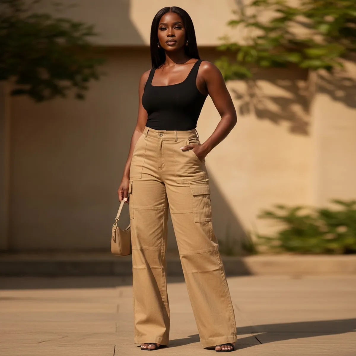 Women's Sexy Side Flip Pockets Cargo Pants Slight Stretch Fabric Multi Pocket Design - Size M