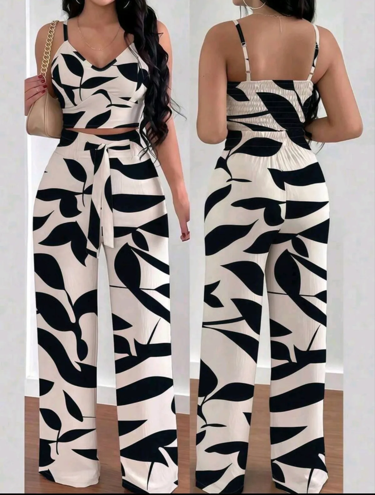 2PCS Women Spaghetti Strap Elastic Camisole Top And Wide Leg Pants With Tie Front Set- Size L