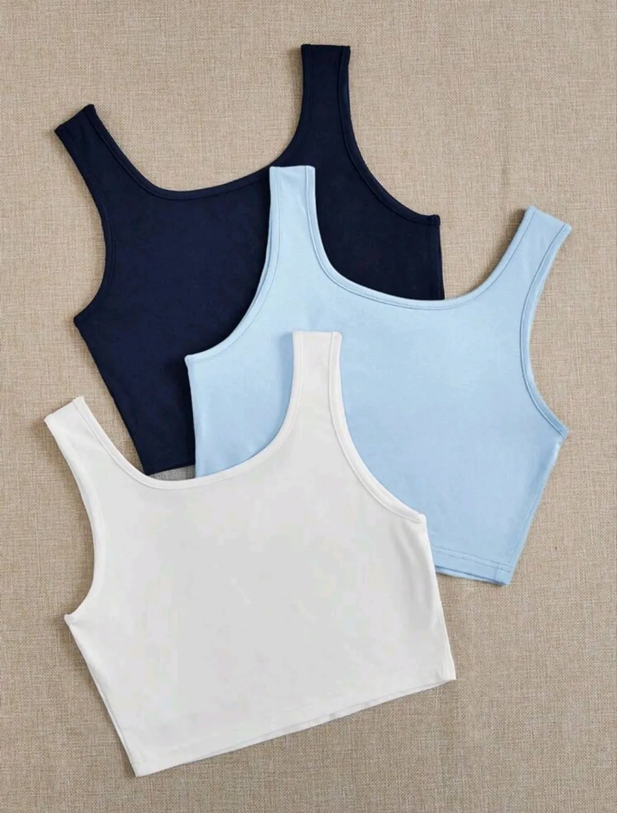 3PCS Women Cropped Sleeveless Tank Top Set In Navy Blue, White And Light Blue - Size S