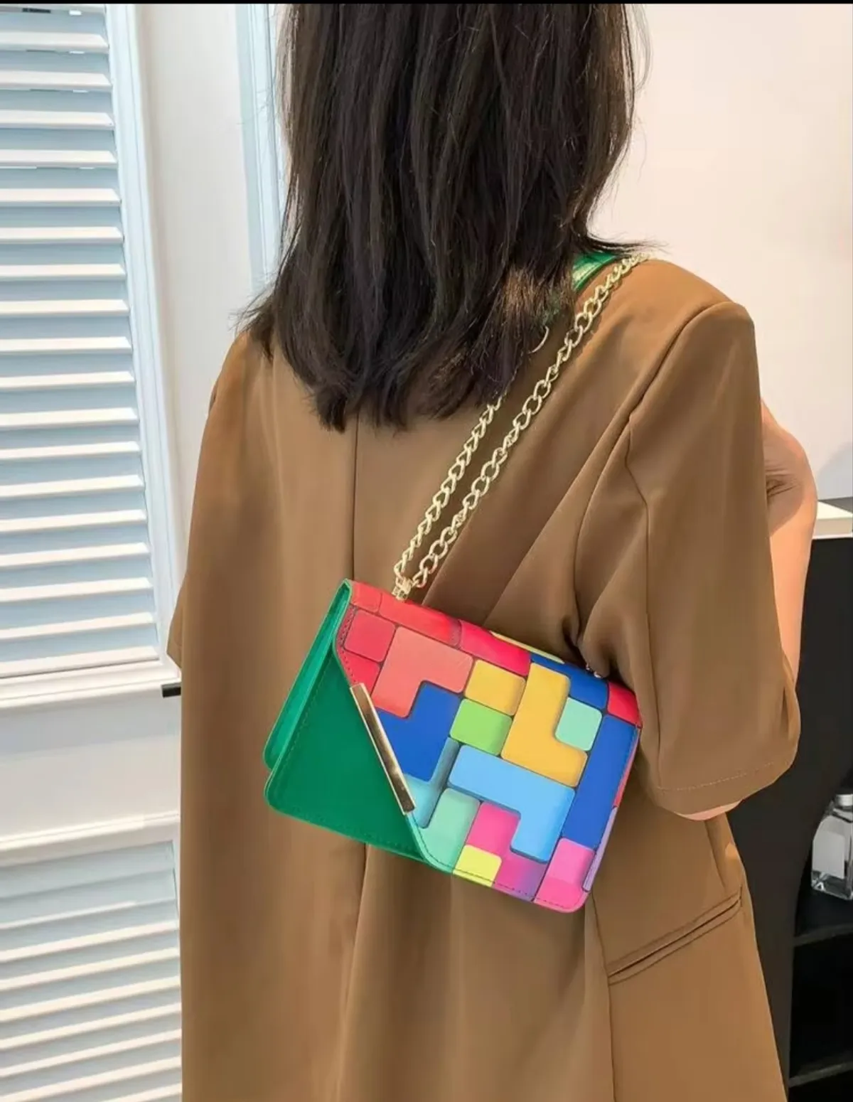 Mini Fashionable Plaid Patchwork Crossbody Bag, Metal Chain Strap Square Shoulder Bag