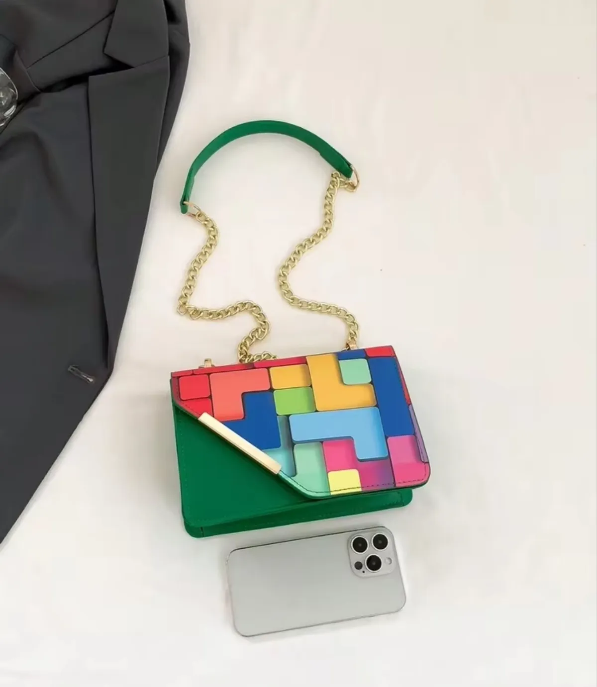 Mini Fashionable Plaid Patchwork Crossbody Bag, Metal Chain Strap Square Shoulder Bag