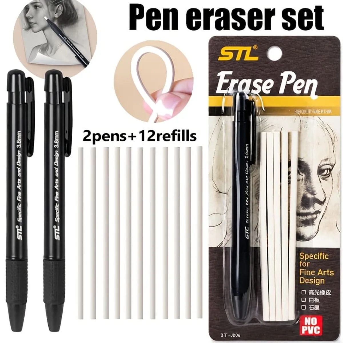 2 Pack STL Specific Fine Arts and Design 3.8mm Retractable Eraser Pens with 12 Refills