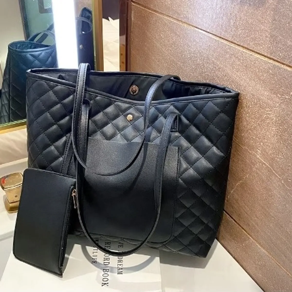 Women' Large Black Quilted Embroidery Tote Handbag