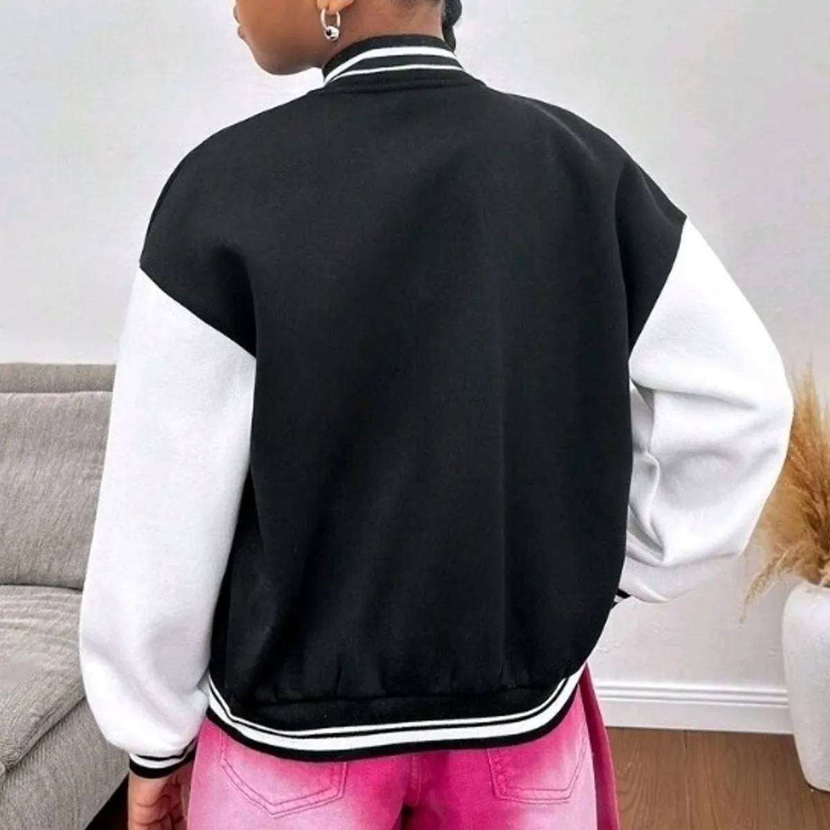 Girl Letter M Striped Bomber  Zip-Up Long Sleeve Jacket-Size M