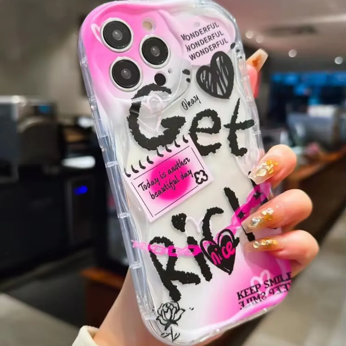Y2k Valentines 1pc Rose Red Korean Graffiti & Wave Edged TPU Shockproof Phone Case- Iphone 15