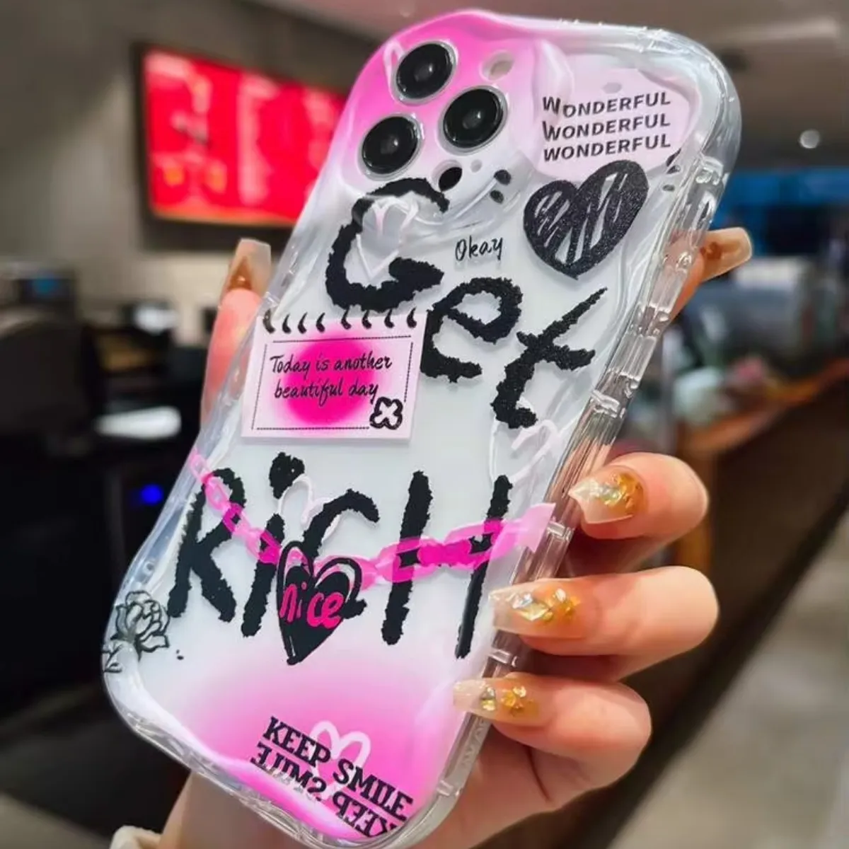 Y2k Valentines 1pc Rose Red Korean Graffiti & Wave Edged TPU Shockproof Phone Case- Iphone 15