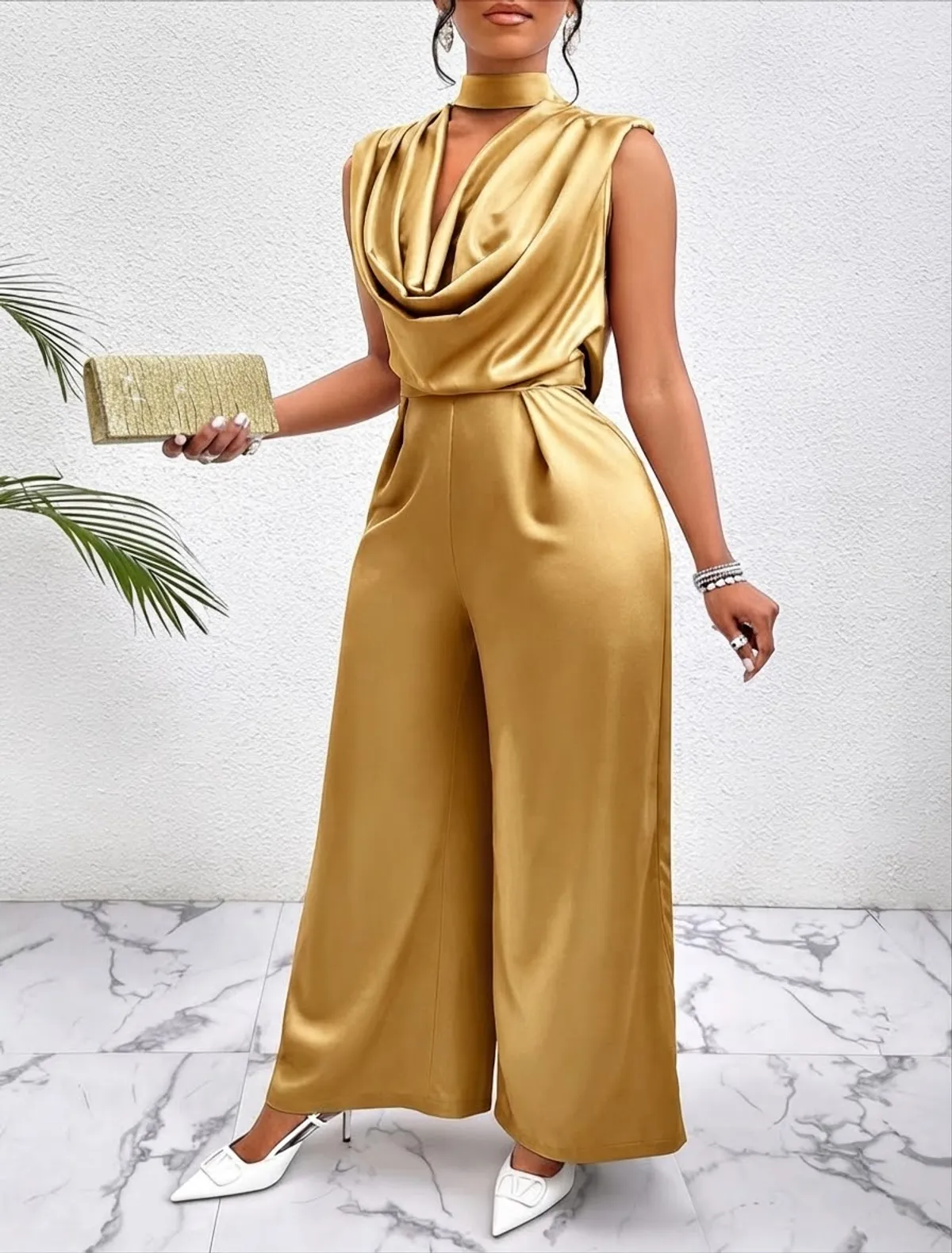 Women's Elegant Sage Green Summer Wedding Guest Jumpsuit,Backless - Size M