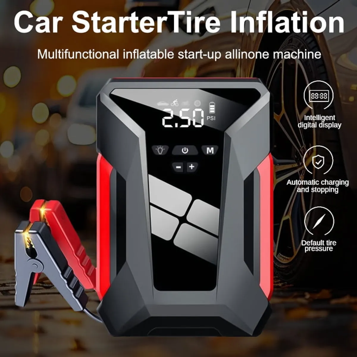 15000MAH Multifunctional jump starter with flashing lights, Inflator and power bank