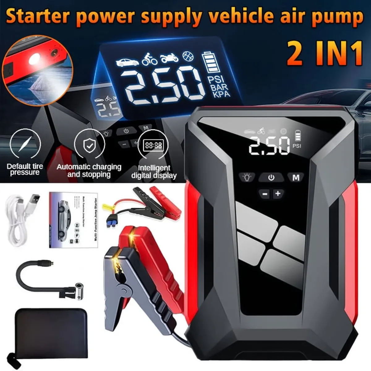 15000MAH Multifunctional jump starter with flashing lights, Inflator and power bank