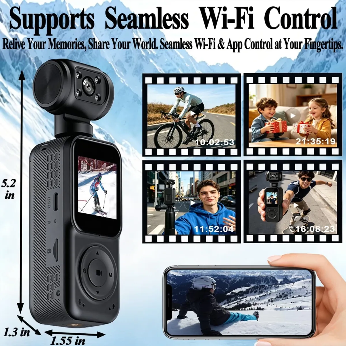 Pocket Vlogging Camera with Dual Display and 3-Axis Card Stabilizer, Wi-Fi Hand Portable Video Camera, Facial Tracking, 270° Rotation