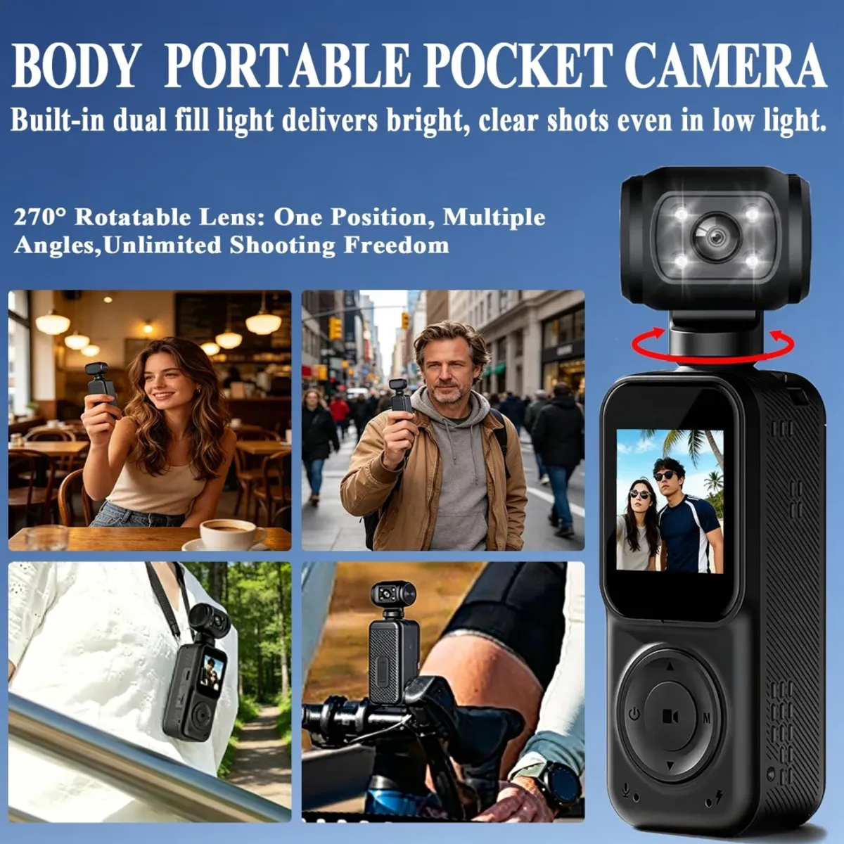 Pocket Vlogging Camera with Dual Display and 3-Axis Card Stabilizer, Wi-Fi Hand Portable Video Camera, Facial Tracking, 270° Rotation