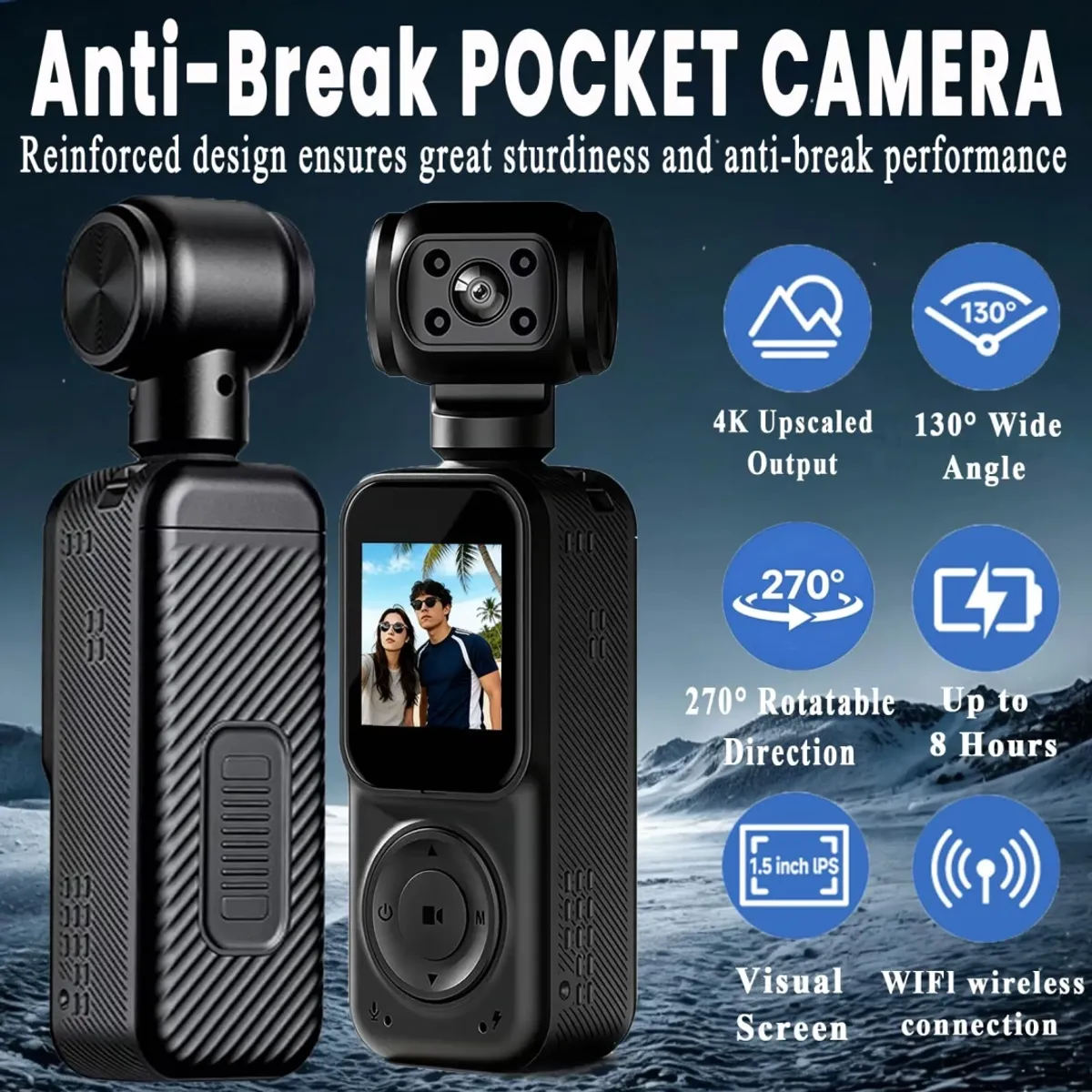 Pocket Vlogging Camera with Dual Display and 3-Axis Card Stabilizer, Wi-Fi Hand Portable Video Camera, Facial Tracking, 270° Rotation