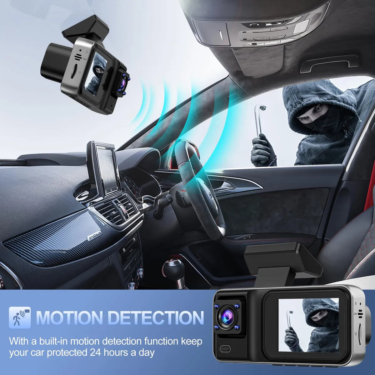 Full HD Dash Camera – 2.0″ Wi-Fi Traffic Recorder with Triple Camera System, Loop Recording & Motion Detection