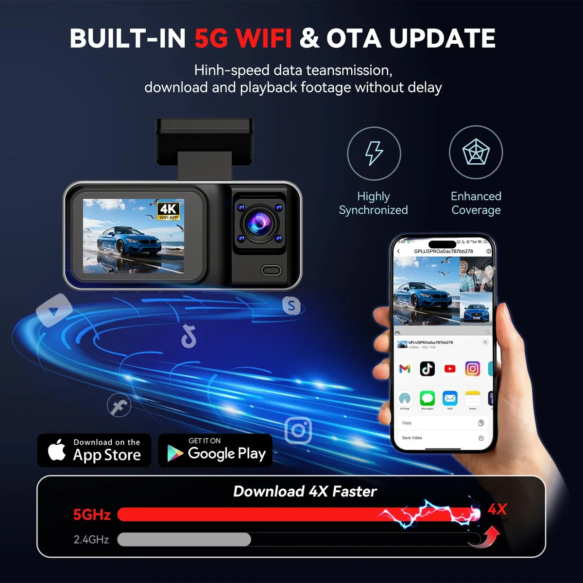 Full HD Dash Camera – 2.0″ Wi-Fi Traffic Recorder with Triple Camera System, Loop Recording & Motion Detection