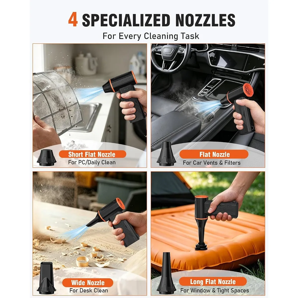 Cordless Electric Air Duster, 110,000 RPM High-Power Compressed Air Alternative, Rechargeable Keyboard Cleaner for PC, Car, Camera, with 4 Nozzles