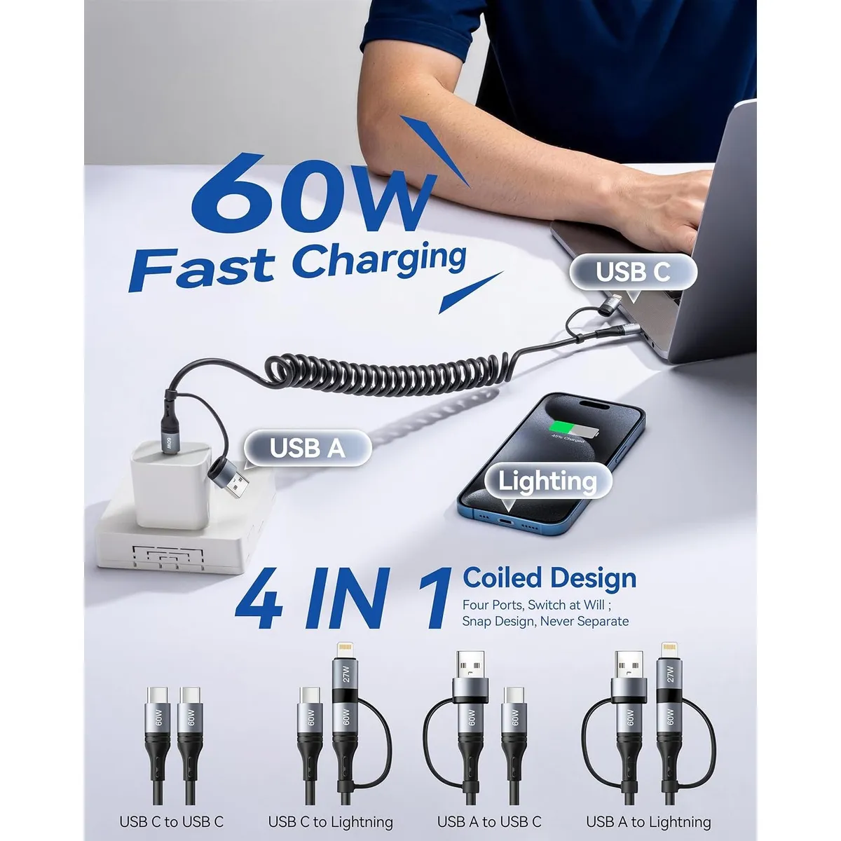 4-in-1 Coiled USB Charging Cable, Retractable Multi-Connector Cord for iPhone, Samsung, USB-C, Lightning, Fast Charging Car Charger Cable, Anti-Tangle Spring Design