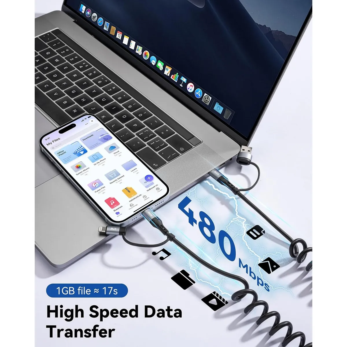 4-in-1 Coiled USB Charging Cable, Retractable Multi-Connector Cord for iPhone, Samsung, USB-C, Lightning, Fast Charging Car Charger Cable, Anti-Tangle Spring Design