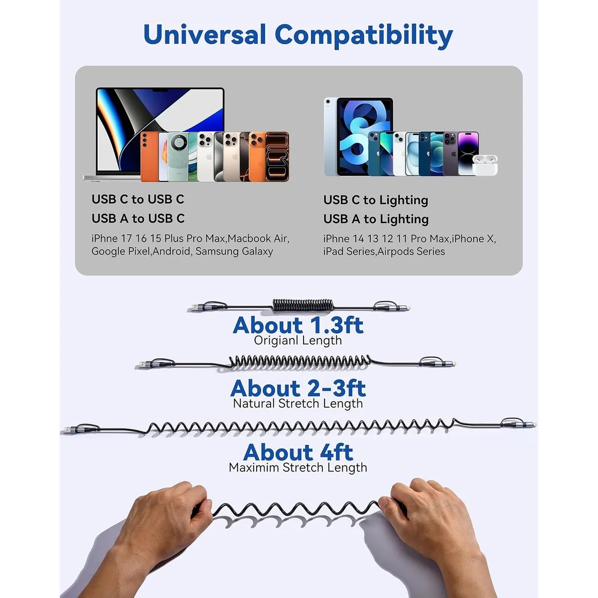 4-in-1 Coiled USB Charging Cable, Retractable Multi-Connector Cord for iPhone, Samsung, USB-C, Lightning, Fast Charging Car Charger Cable, Anti-Tangle Spring Design