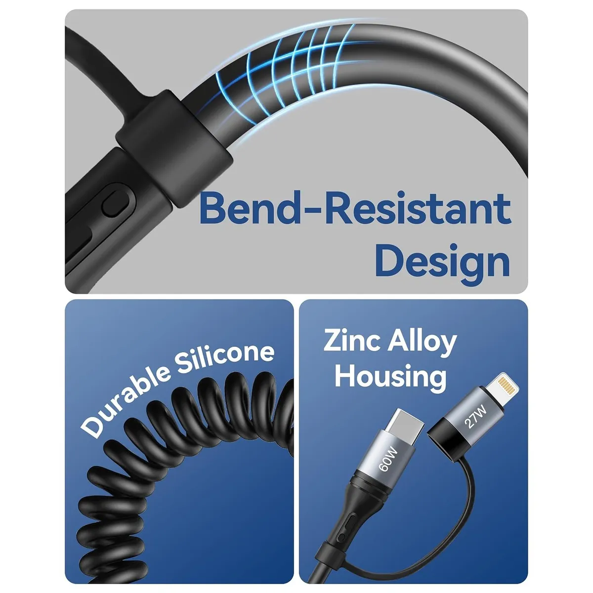 4-in-1 Coiled USB Charging Cable, Retractable Multi-Connector Cord for iPhone, Samsung, USB-C, Lightning, Fast Charging Car Charger Cable, Anti-Tangle Spring Design