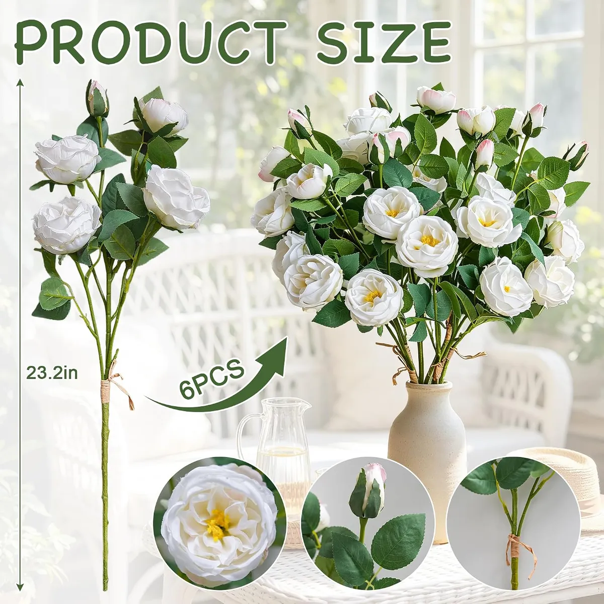 6-Pack White Artificial Peony Stems, Realistic Faux Flowers for Wedding Centerpieces, Home Decor, DIY Bouquets, Flexible Wire Stems, 23 Inches