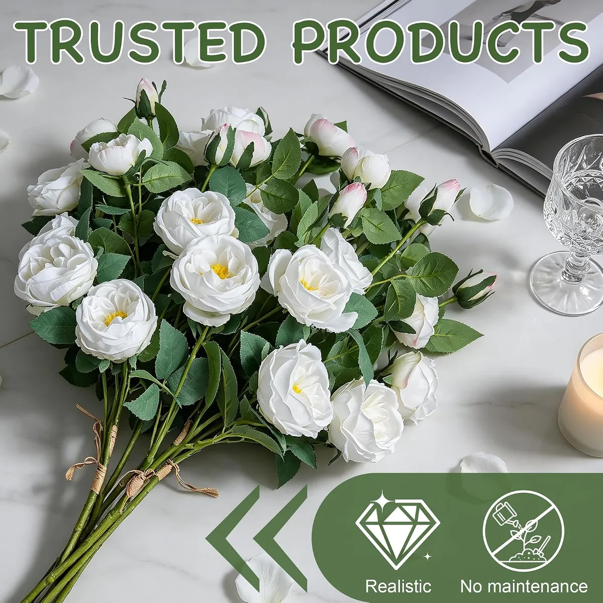 6-Pack White Artificial Peony Stems, Realistic Faux Flowers for Wedding Centerpieces, Home Decor, DIY Bouquets, Flexible Wire Stems, 23 Inches