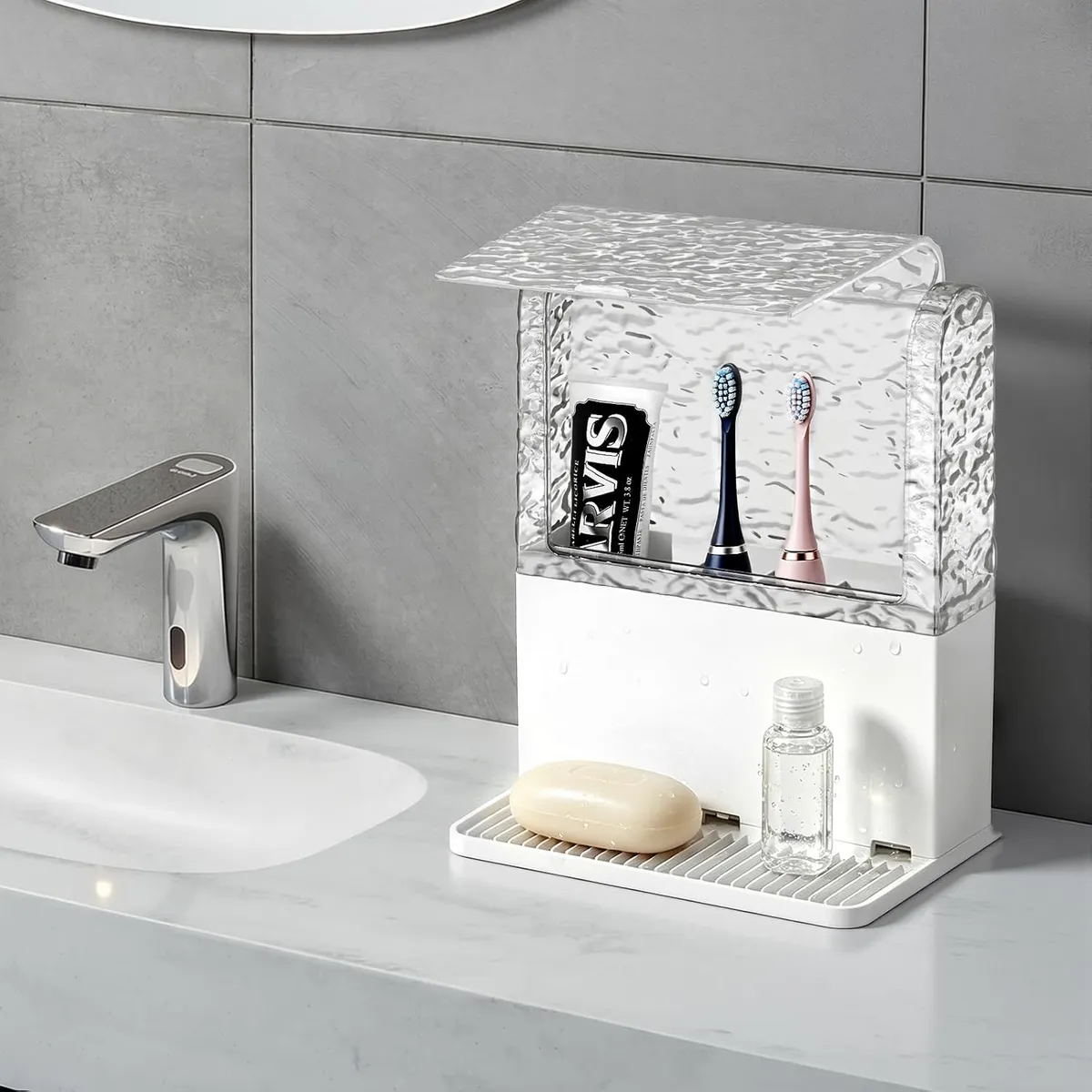 Toothbrush Holder with Cover, Waterproof Bathroom Organizer for Electric Toothbrushes, Toothpaste, Makeup Brushes, Dustproof Storage Box with Drainage, White
