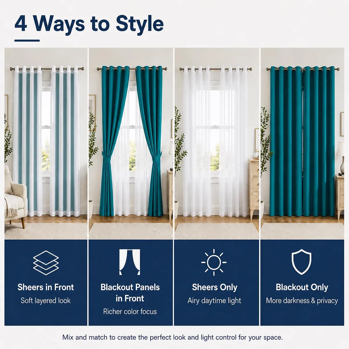 4-Piece Sapphire Blackout Curtain Set with Sheers, Faux Linen Textured Drapes, 100% Light Blocking Window Panels, Grommet Top, 54x95 Inches