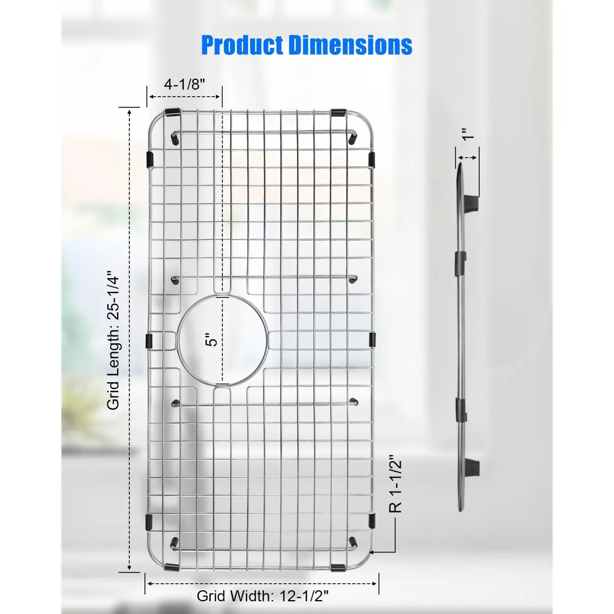 Stainless Steel Sink Bottom Grid, 25.25 x 12.5 Inch Protector for Kitchen Sinks, Rear Drain Fit, Rust Resistant Rack for Pots, Pans, Dish Drying