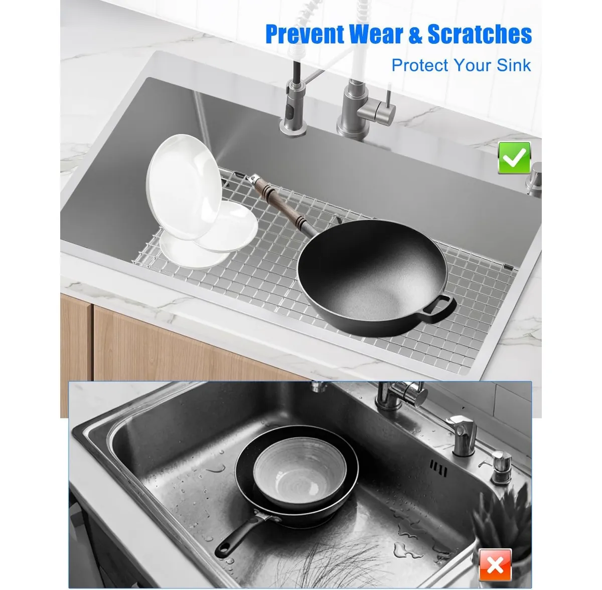 Stainless Steel Sink Bottom Grid, 25.25 x 12.5 Inch Protector for Kitchen Sinks, Rear Drain Fit, Rust Resistant Rack for Pots, Pans, Dish Drying