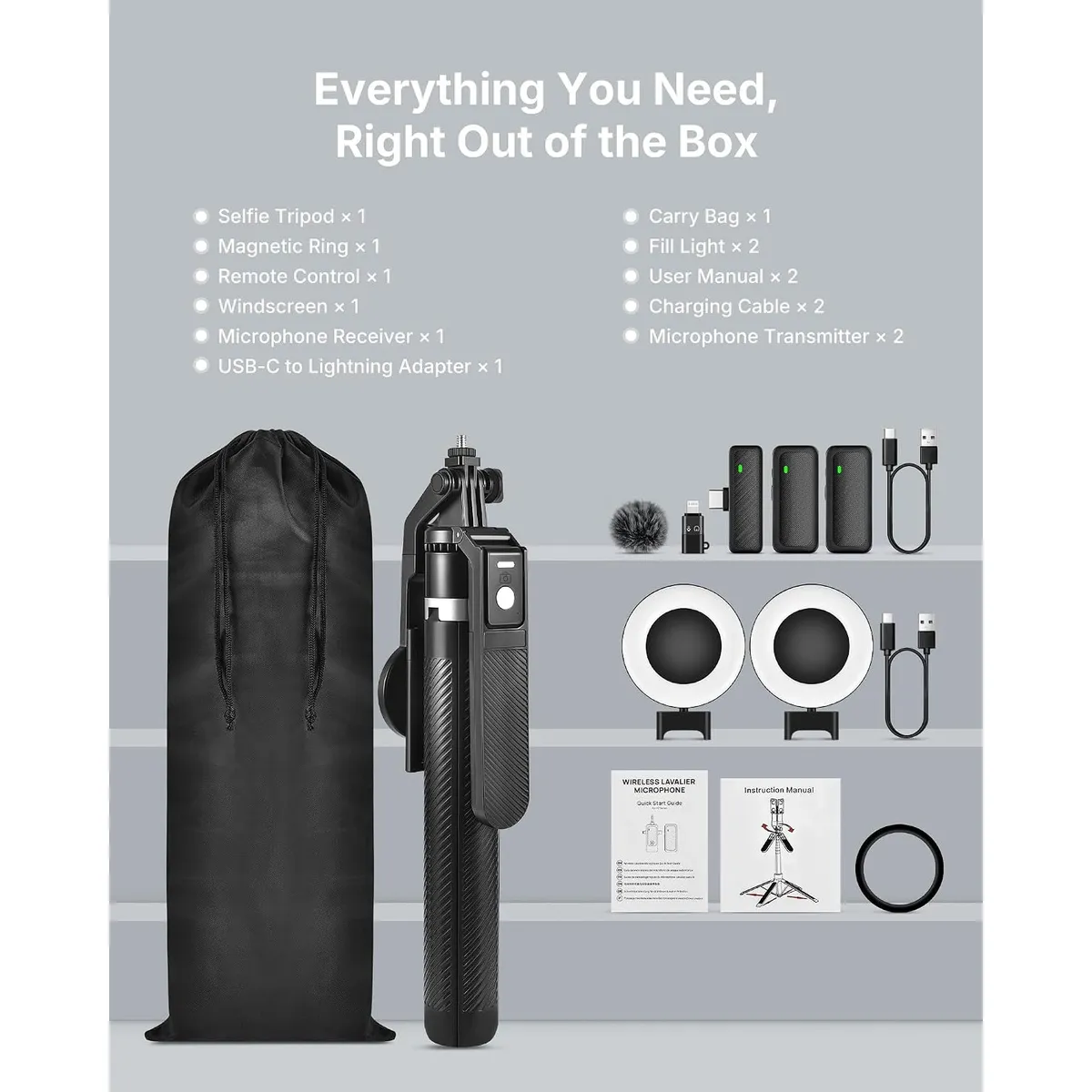 3-in-1 Vlogging Kit for iPhone, 71 Inch Tripod with Wireless Mic, 2 Fill Lights, Magnetic Phone Holder, Remote Control, Content Creator Set for TikTok, YouTube