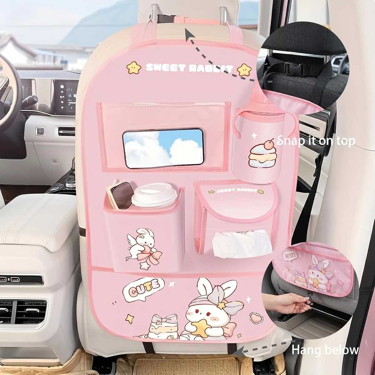 PU Leather Car Seat Back Organizer, Kick Mat with Tablet Holder for 10 Inch iPad, Multi-Pocket Storage for Bottles, Snacks, Cute Rabbit Design, Fits SUVs, Sedans